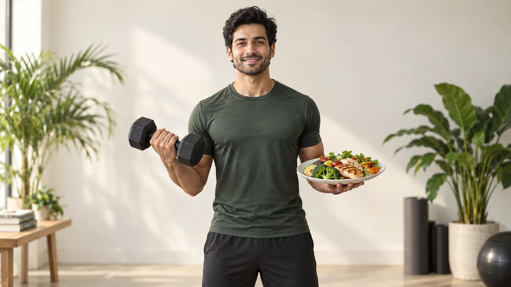 Person holding a healthy meal plate and dumbbell