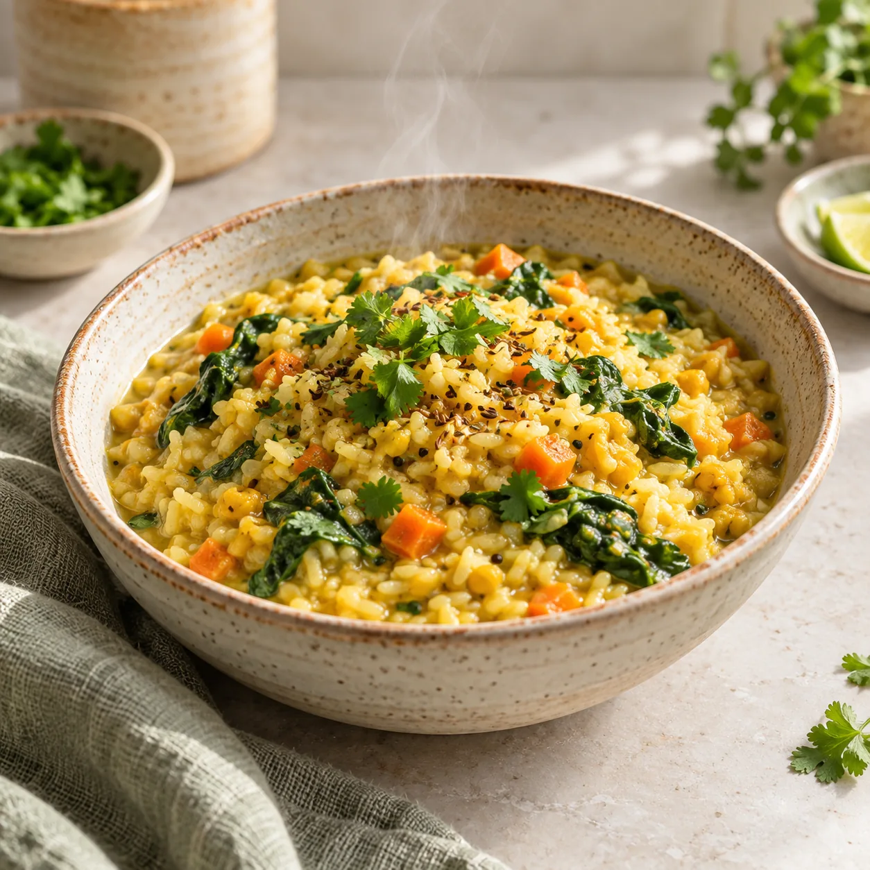 A warm bowl of rice and lentils with vegetables and herbs